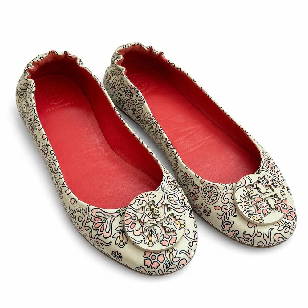 Tory Burch Minnie Travel Ballet Flats Cream Pink Floral Paisley Leather Size 9